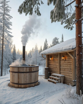 Wooden hot tub beside snowy cabin in winter forest