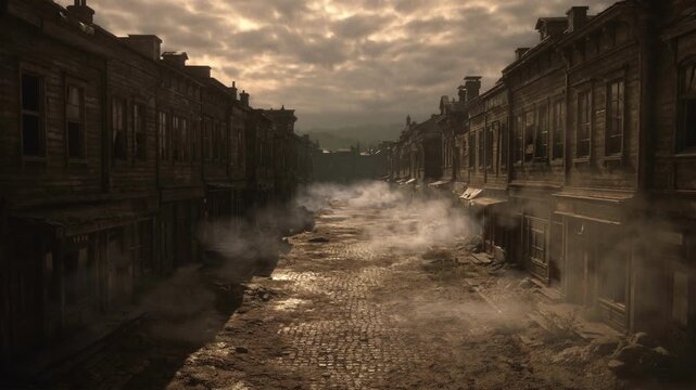 Eerie Fog Rolls Down an Old Cobblestone Street Lined with Historic Buildings Cinematic Atmosphere
