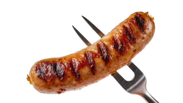 Grilled sausage on a fork with grill marks