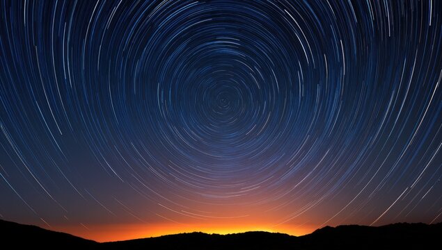 Star trails create circular patterns against a dark sky with glowing horizon