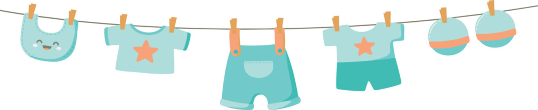 Cute baby boy clothes garland vector illustration featuring blue bib shirt overalls romper and socks hanging on a clothesline flat design