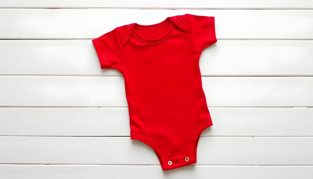 Red baby onesie bodysuit mockup for design presentation, minimal template on white wooden background, one line art. White tone