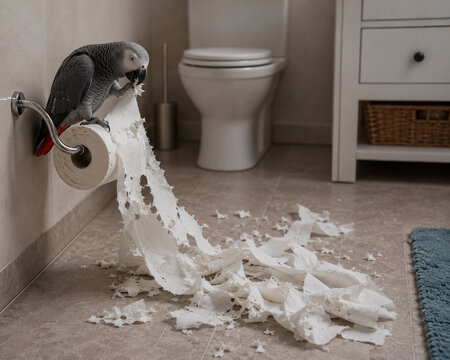 African grey parrot shredding toilet paper in bathroom