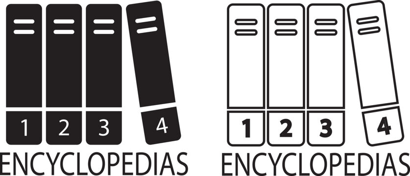 Encyclopedias icon set collection group in black flat and line style vector design, digital library book symbols, reference guide, knowledge database, education research, reading, archive, learning il