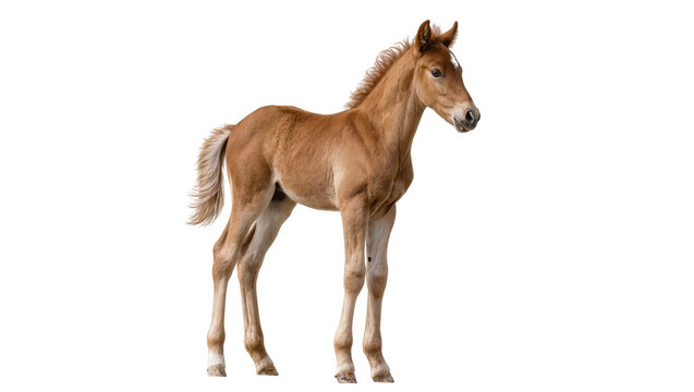 Brown horse foal standing on white