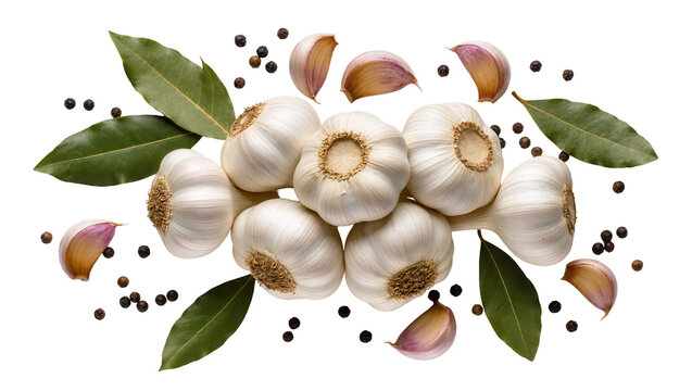 Garlic bulbs cloves bay leaves, and peppercorns arrangement