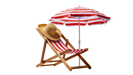 Striped deck chair with straw hat and beach umbrella © Emma