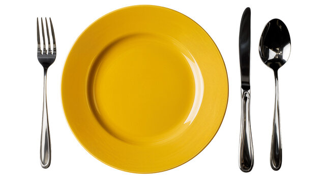 Yellow plate with fork knife, and spoon