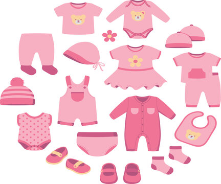 Cute baby girl clothes and nursery accessories collection set featuring pink bodysuit dress overalls sleepsuit and shoes flat vector illustration