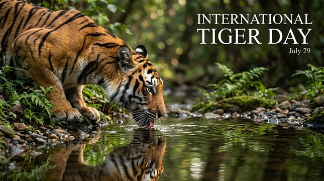 Wild tiger drinking water from forest pond for international tiger day concept