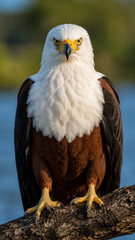 Fototapeta premium Majestic African Fish Eagle Symmetrical Portrait Perched on Branch