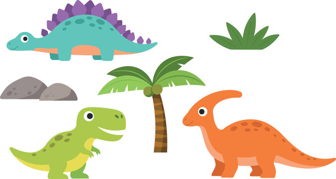 Cute cartoon dinosaur vector element set featuring prehistoric stegosaurus parasaurolophus and tyrannosaurus rex characters with palm tree stones and grass.