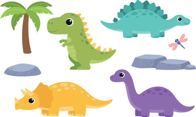 Cute cartoon dinosaurs vector illustration set featuring tyrannosaurus rex stegosaurus triceratops and brachiosaurus with prehistoric elements flat design © Sumaiya Akter Sweety