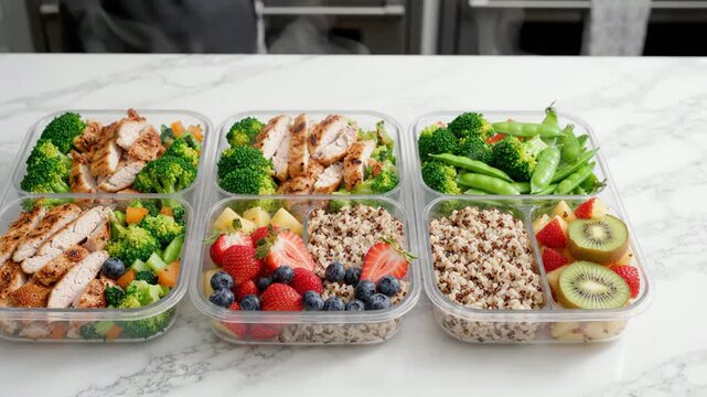 Healthy Meal Prep Containers with Grilled Chicken, Broccoli, Quinoa, and Fresh Berries, Balanced Nutrition for Busy Lifestyles