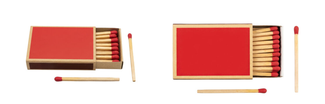 Open and closed matchboxes with matches isolated on transparent background