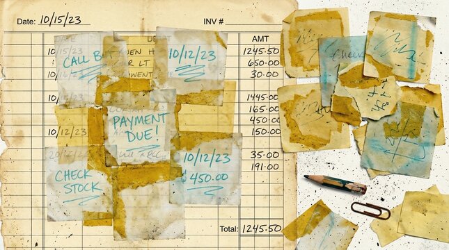 Messy vintage ledger with 'Payment Due!' and handwritten financial notes
