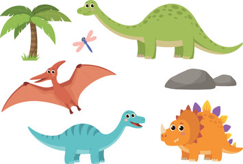 Cute cartoon dinosaurs vector illustration set featuring brachiosaurus pterodactyl triceratops and prehistoric nature elements flat design © Sumaiya Akter Sweety
