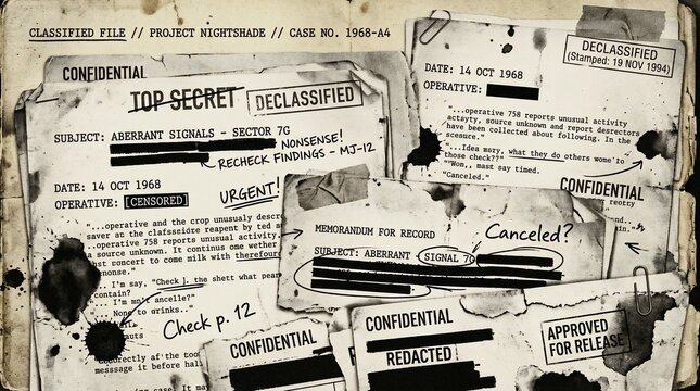 Vintage classified documents collage with redacted secret government files