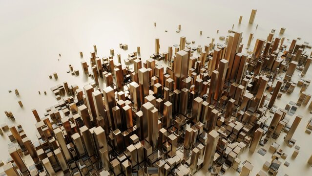 Abstract 3D rendering of a modern urban city model made of golden rectangular blocks, top view