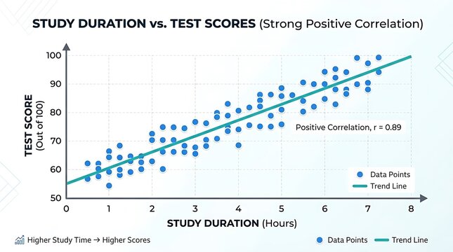 A graph showing a strong positive correlation between study duration hours and test scores.