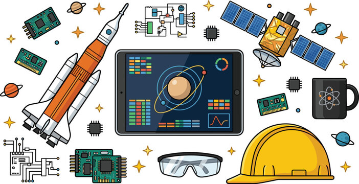 Space exploration technology vector illustration set featuring rocket launch vehicle satellite tracking tablet dashboard microchips circuitry and engineer safety helmet