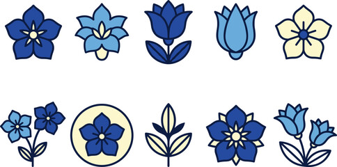Scandinavian style blue flower vector icon set featuring minimalist flat line floral blooms tulips gentian buds leaves and folk art elements © Aeynul
