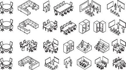 Fototapeta premium Isometric office meeting room icons set with business people collaborating in various corporate workspace furniture layouts vector