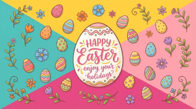 Happy easter greeting card with colorful decorated eggs and flowers on a geometric background