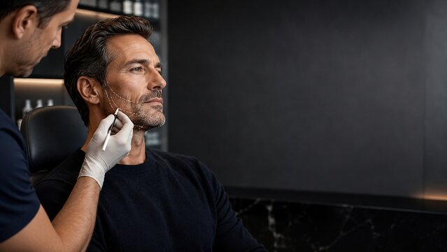 Professional male receiving precise facial thread lifting treatment in modern clinic