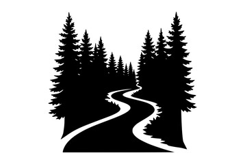 Fototapeta premium Winding forest road through pine trees silhouette illustration