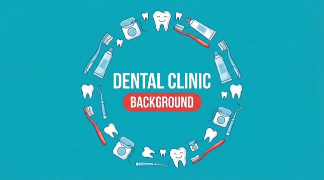 Dental clinic background with circular frame of dental tools and teeth