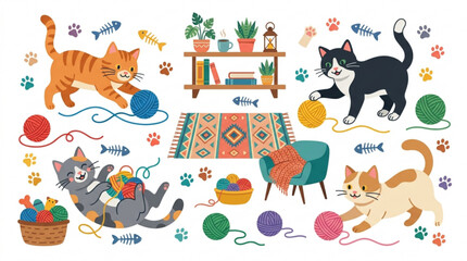 Fototapeta premium Cats play with yarn balls in a cozy living room setting