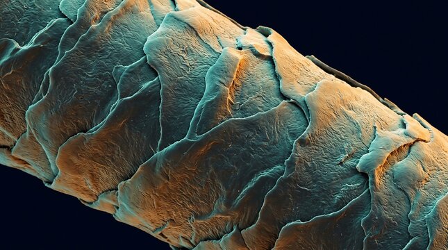 False color scanning electron micrograph of a hair fiber with damaged cuticle on dark background