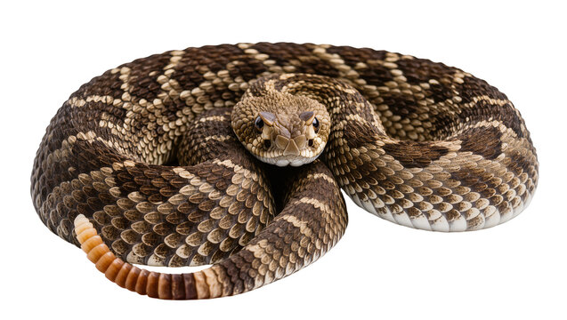 Coiled Western Diamondback Rattlesnake with detailed scales and rattle