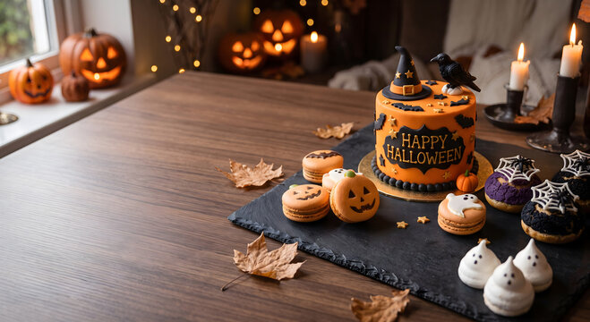 Halloween party sweets and cake on wooden table with copy space.〈ハロウィーンパーティー用のお菓子とケーキが木製のテーブルに並べられており、コピー用のスペースがあります〉