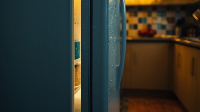 A view of the kitchen with the freezer door left open.