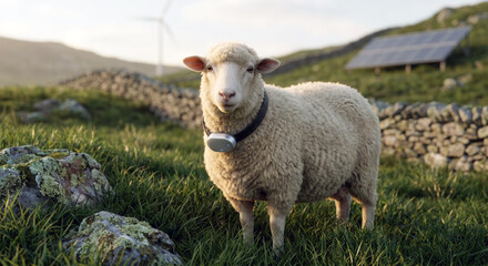 Obraz premium Sheep wearing a smart health collar in a green hillside pasture with solar panels and wind energy behind.