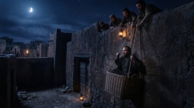 Men lowering a man in a basket from a stone roof at night. Biblical scene representing the healing of a paralytic man. Ancient middle eastern architecture and historical drama concept.