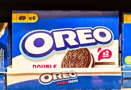 Kiel, Germany - 19. June 2026: Oreo double creme cookies box on supermarket shelf