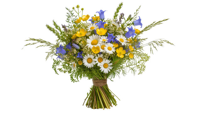 Wildflower bouquet with daisies buttercups, and bluebells tied with twine