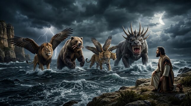Man kneeling before prophetic beasts emerging from storm sea. Biblical vision with winged lion, bear, leopard and horn monster. Apocalyptic scene from book of Daniel in scripture.