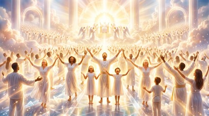 Fototapeta premium Diverse group of man, woman and child worshipping in heaven. Multitude of people in white clothing joyful in sacred celestial space. Religious concept of afterlife and salvation.