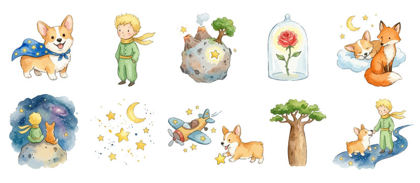 Watercolor Little Prince inspired clipart with corgi, fox and magical celestial scenery. Collection of Vector illustrations for invitation, card, poster, banner, decoration
