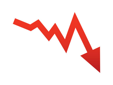 Minimalist 2D flat red zigzag arrow pointing down isolated on white. Simple financial crisis symbol with subtle gradient for economic recession, stock market crash and bankruptcy graphic design.