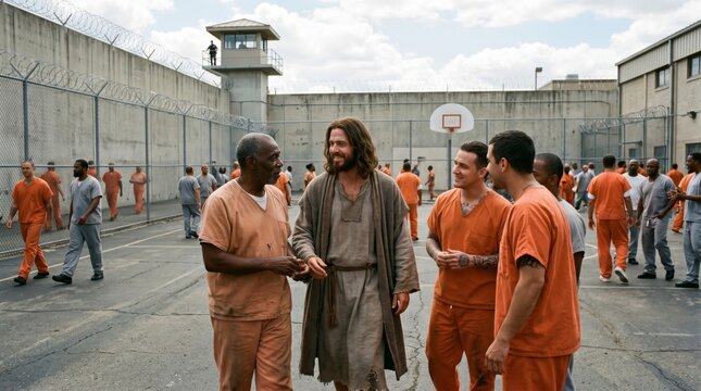 Jesus Christ walking and talking with diverse men in prison yard. Biblical figure visiting incarcerated inmates. Spiritual guidance, hope, redemption and forgiveness in confinement concept.