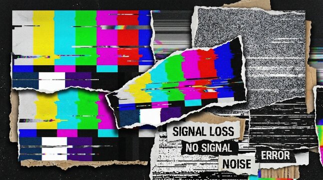 TV Test Pattern Signal Loss with Distorted Static Noise on Torn Paper