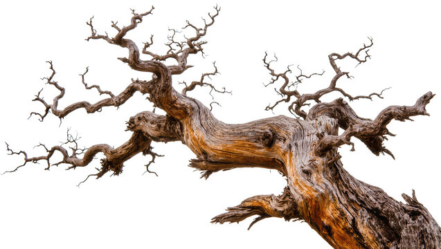 Twisted dead tree trunk with gnarled branches and rough bark