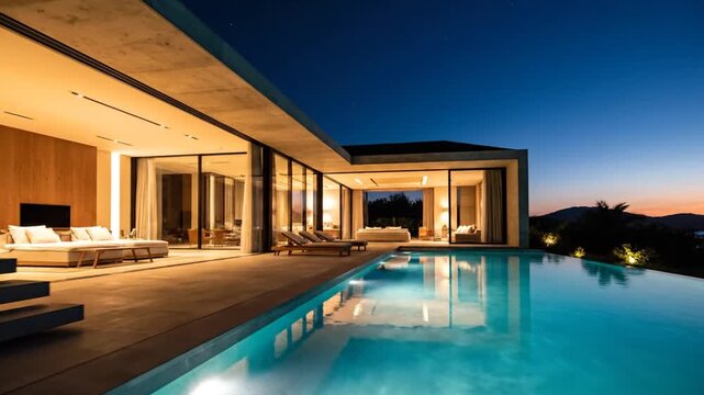 A modern luxury villa features a glowing infinity pool at twilight