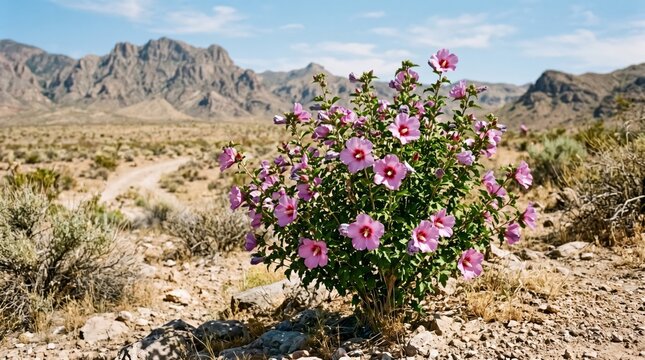 Pink hibiscus flower bush blooming in the desert landscape. Wildflower growing in arid mountain terrain. Summer floral scenery, nature beauty, hardy plant survival and ecology concept.