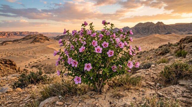 Pink mallow flower bush blooming in rocky desert landscape. Resilience of nature in arid wilderness under golden sunset sky. Concept of life and hope in harsh dry environment.
